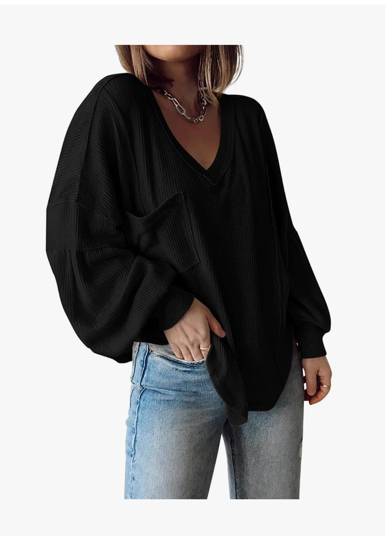 BTFBM Womens Fall Fashion 2025 Long Sleeve Shirts Casual V Neck Ribbed Knit Blouses Pullover Trendy Loose Fit Tunic Tops, Size L
