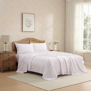 Laura Ashley - Twin XL Sheet Set, Crisp & Cool Cotton Percale Bedding for Year Round Comfort, Deep Pocket, Bed Sheets with Matching Pillowcase (Blossom Bliss Pink)