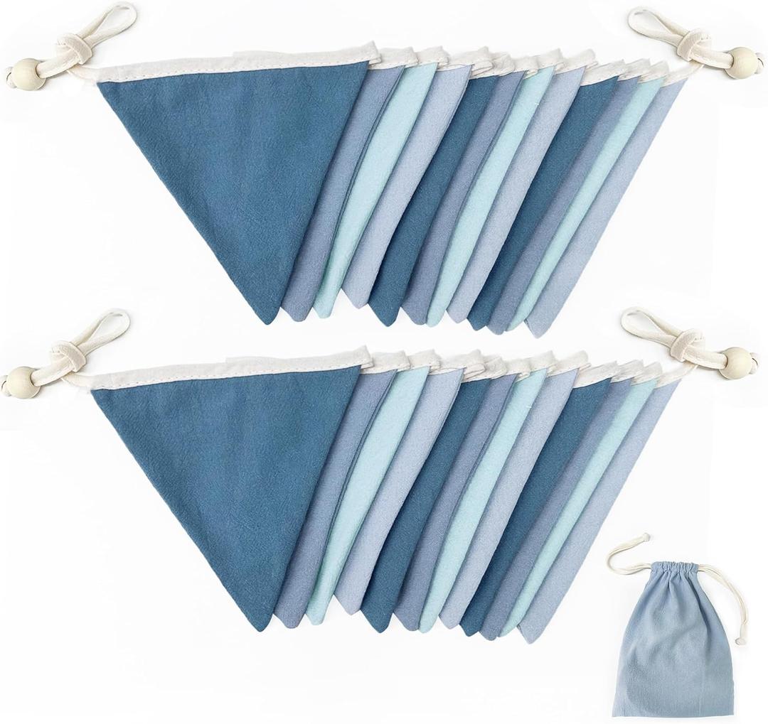 2 Strings Blue Pennant Banner Flags Nursery Garland Royal Linen Fabric Triangle Bunting Streamers for Baby's Room Decor Kids Boys Nautical Birthday Baby Shower Boho Wedding Event Party Decorations