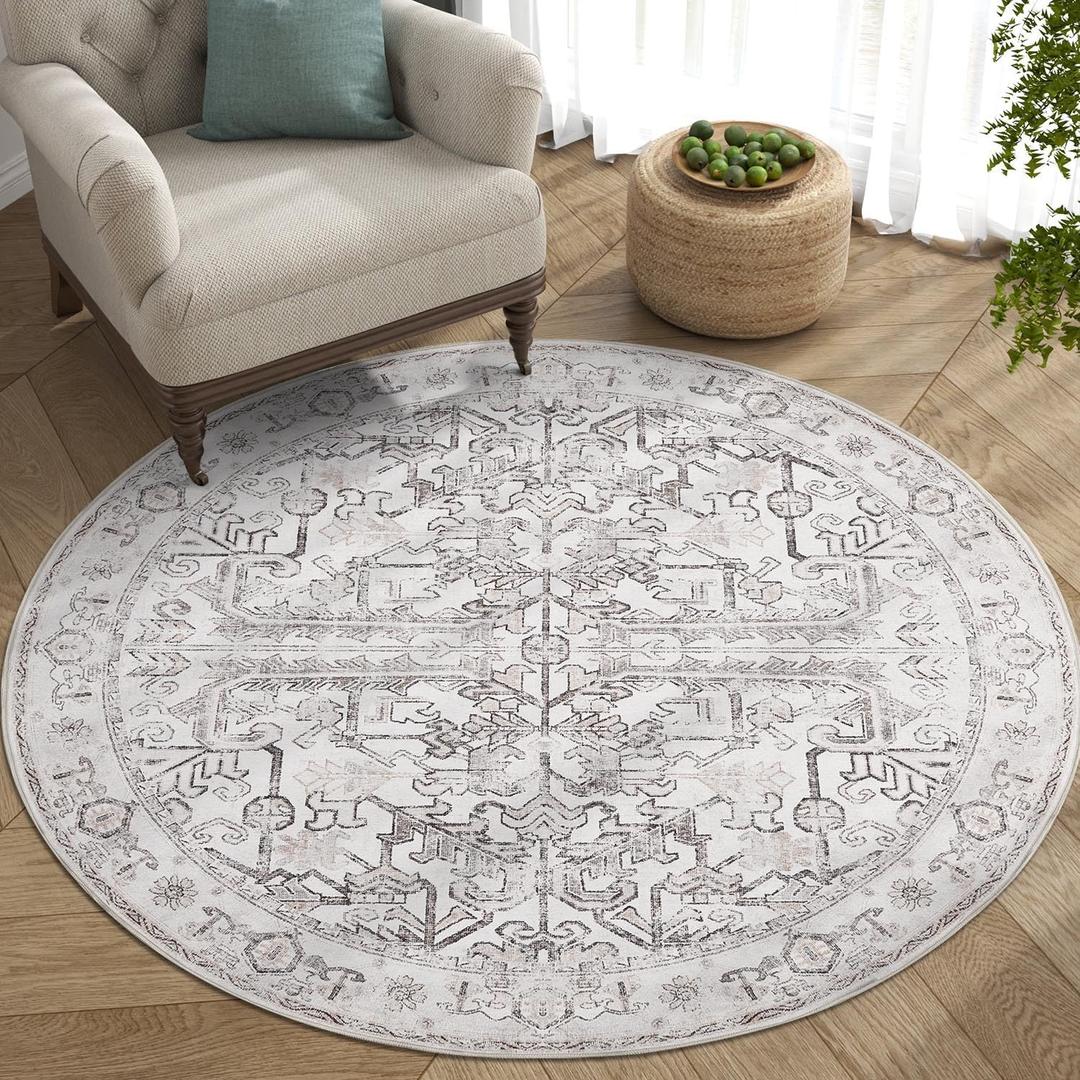 jinchan Round Rug 5ft Vintage Machine Washable Area Rug Kitchen Indoor Circle 5' Ultra-Thin Non-Slip Floral Print Carpet for Farmhouse Entryway Dining Room Living Room Bedroom Office (5'Round,Taupe) (5' x 5' (Round Light Weight))