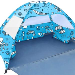 Ocean World 3-4 Person Family and Baby Beach Tent  Cool Beach Essentials for Shade, UPF 50+ UV Protection and PU800 Waterproof, Portable Pop Up Sun Shade Cabana Shelter for Kids and Toddlers,