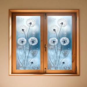2 x IVN Privacy Window Film Stained Glass Window Cling White Dandelion Design Decorative Static Cling Glass Film for Bathroom Kitchen Door Panel 17.7 x 39.3 Inch