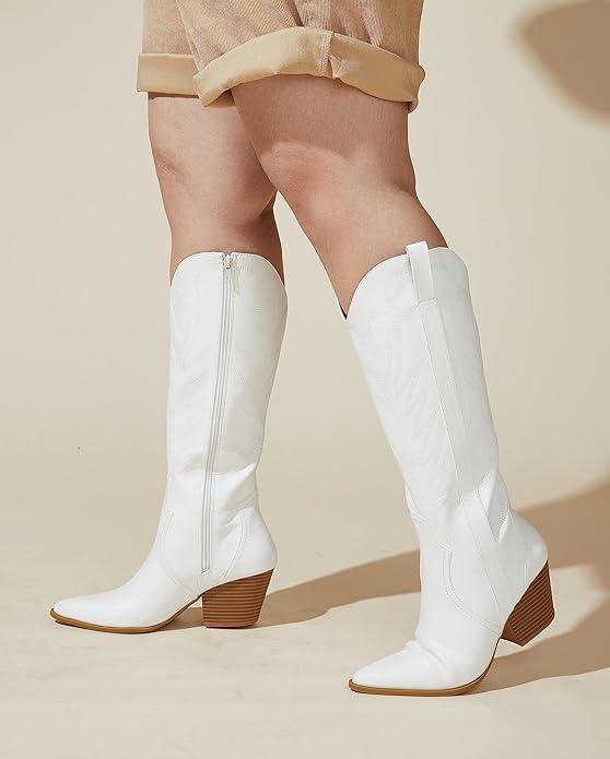 Arromic Cowboy Boots for Women Comfortable Womens Embroidered Western Cowgirl Knee High Boots Pointed Toe Zipper Chunky Heel Country Outfit Retro Tall Boots size 9.5