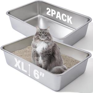 Stainless Steel Litter Box 2 Pack, 23.6x15.7"x6" Deep Stainless Steel Cat Litter Box Extra Large, XL Metal Litterbox for Big Cats with High Sides, Non Stick Surface, Easy to Clean