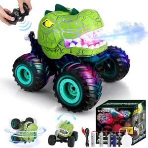 Remote Control Car for Boys Age 4-7 8-12, 50min+ Runtime Dinosaur Monster Truck Toy with Spray, Light, Music, 360 Rotating, 90 Driving, All Terrain Dinosaur Toy for Kid Birthday Gift (Green)