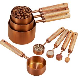 Copper Stainless Steel Measuring Cups and Spoons Set of 8, Wooden Handle with US Measurements, Metric Cups and Spoons for cooking and baking
