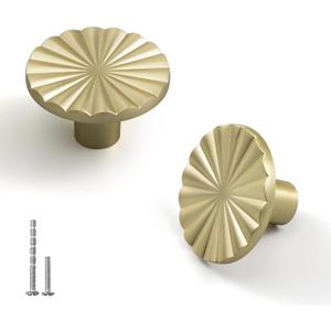 YAGU 6 Pack Brushed Brass Sunflower Kitchen Cabinet Knobs 1-1/2 Inch Round Solid Dresser Drawer Knob Brushed Gold Furniture Hardware Pulls for Closet Cupboard Wardrobe