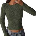 PRETTYGARDEN Women's 2026 Fall Long Sleeve Lace Dressy Casual Blouses Crewneck Slim Embroidered Fashion Mesh Tops Shirts (Green, XL)