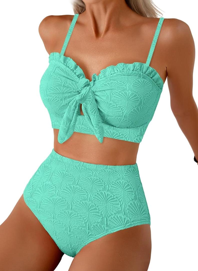 Herseas Women's Seashell Textured Bikini Sets Knotted Front 2 Piece Swimsuits Ruffle Trim Bathing Suits,XL