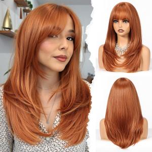 HAIRCUBE Layered Auburn Medium Long Straight Synthetic Wigs for Women with Bangs Heat Resistant Natural Look for Daily Use