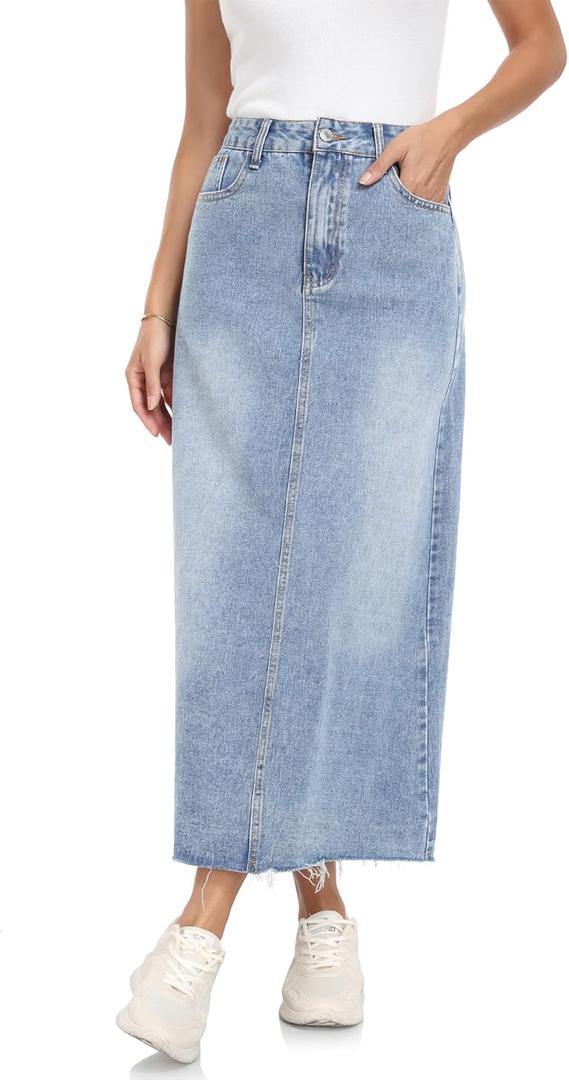 MISS MOLY Women's Jean Skirt Stretch High Waisted Frayed Raw Hem A Line Denim Midi Skirt with Pockets (Medium, 1 Vintage Blue)
