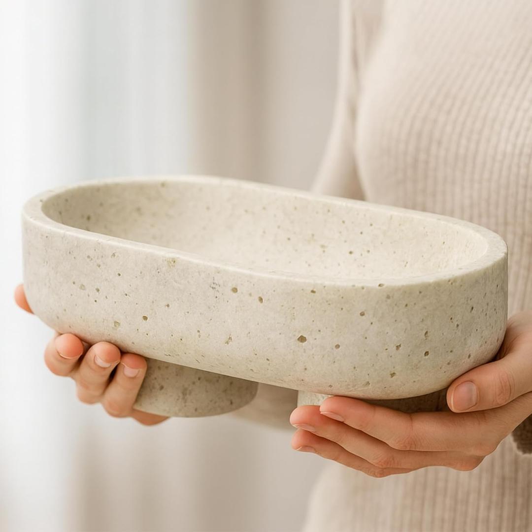 Natural Oval Travertine Decorative Bowl,Marble Friut Bowl with 2 Legs,Vanity Decorative Tray, Kitchen Countertop Decorative Bowl for Home Decor (Marble Bowl)