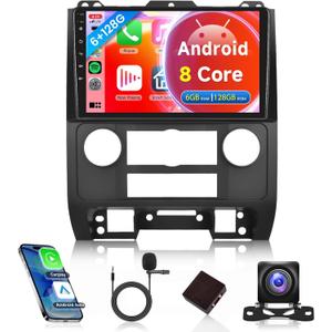 8Core 6G+128G Car Radio for Ford Escape 2007-2012/Mazda Tribute 2007-2012, Rimoody Android 15 Car Stereo Carplay Android auto 9 Inch Touch Screen GPS Navigation WiFi DSP Bluetooth FM + Backup Camera