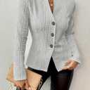 Women's Knitted Blazer | Cable-Knit Long-Sleeve Jacket with Button Closure, Tailored Silhouette (Grey, Large)