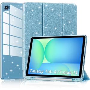 Lainergie Case for Samsung Galaxy Tab A11+/A9+ Plus 11 Inch 2026/2023, Cute Glittering Sparkly Shockproof Cover with Sparkly Crystal Clear Back and Pencil Holder for Galaxy Tab A11+/A9+, Blue