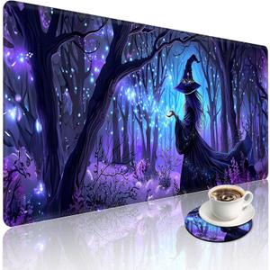 Beautiful Witch Large Gaming Mouse Pad with Coaster, Durable Stitched Edges Protection Design, Cute Large Desk Mat for Desktop, 31.5x11.8 inch XXL Extended Computer Mat for Gaming and Office