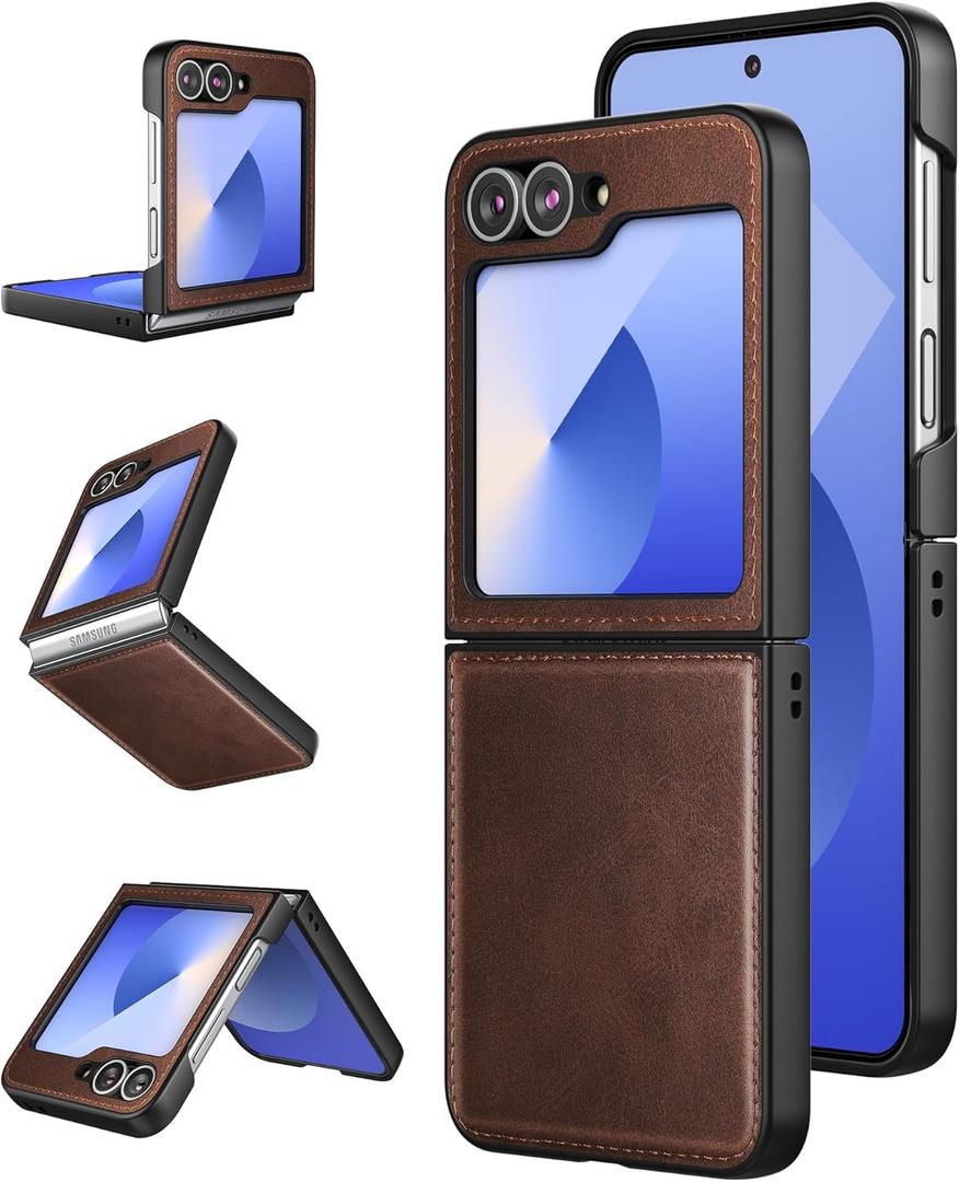 Foluu for Samsung Galaxy Z Flip 6 5G Case, Galaxy Z Flip 6 Leather Case, PU Leather + Hard PC Shell Ultra Thin Slim Durable Protective Phone Case Cover for Samsung Galaxy Z Flip6 5G 2024 (Brown)