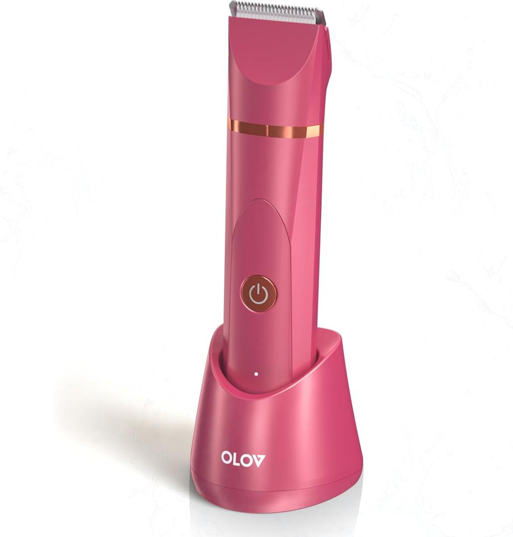 OLOV Electric Body Hair Trimmer - Groin Trimmer for Men - Bikini Trimmer Women - Wet/Dry Shaver Groomer, Replaceable Ceramic Blade Heads, USB Recharge Dock, Waterproof Hygiene Razor, Red (Gold and Red)