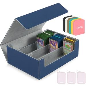 Card Storage Box for Trading Cards,1800+ PU Leather Commander Card Deck Case with 12 Dividers and 3 Supporters, Magnetic Closure Card Holder Fits YuGiOh, MTG and Sport Cards(Blue, 3-Row)