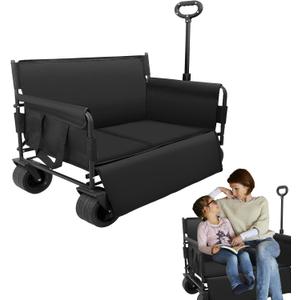 Wagon Bench Love Seat: Collapsible Heavy Duty Wagon - 500 LBS Beach Cart with Big Wheels for Sand Camping Shopping Sports