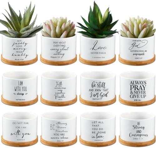 12 Pcs White Bible Verse Succulent Pots with Drainage 3.15 Inch Mini Ceramic Flower Planter Pot with Bamboo Tray Small Plant Pots Christian for Friends and Family, Plants Not Included