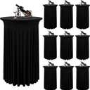 10 Packs Round Cocktail Table Skirt 24"x 43" Spandex Stretch Cocktail Tablecloth with Wavy Drapes, Black Spandex Fitted High Top Table Covers for Wedding Bar Party Birthday Banquet Tables