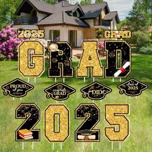 Graduation Yard Signs, 14 PCS Congrats Grad Lawn Stakes, Class of 2025 GRAD Yard Signs with Stakes, Graduation Party Decorations for Outdoor School College Party Decor (Black Gold)