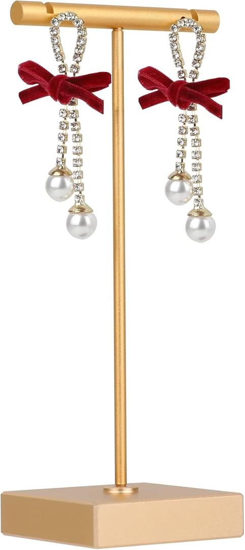 GemeShou Gold earring T Stand, Metal Earring Display stand for selling, Small Jewelry earring storage organizer, Mini earring holder for online Photography PropsGold-Square Base Height 5.1 inch