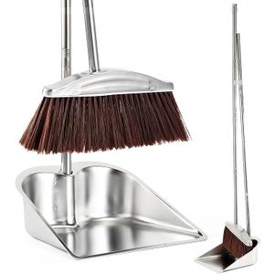 VOOWO Broom with Dustpan Combo Set, 46" Stainless Steel Broom and Dustpan Set for Home, Heavy Duty Dust Pan with Long Handle, Broom for Sweeping Indoor and Outdoor, Kitchen Broom and Dust Pan (Brown)