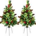 Set of 2 Pathway Christmas Tree Urn Filler, Lighted Artificial Mini Xmas Trees with Lights, Outdoor Christmas Decorations for Porch, Driveway, Yard (9 Pine Cones)