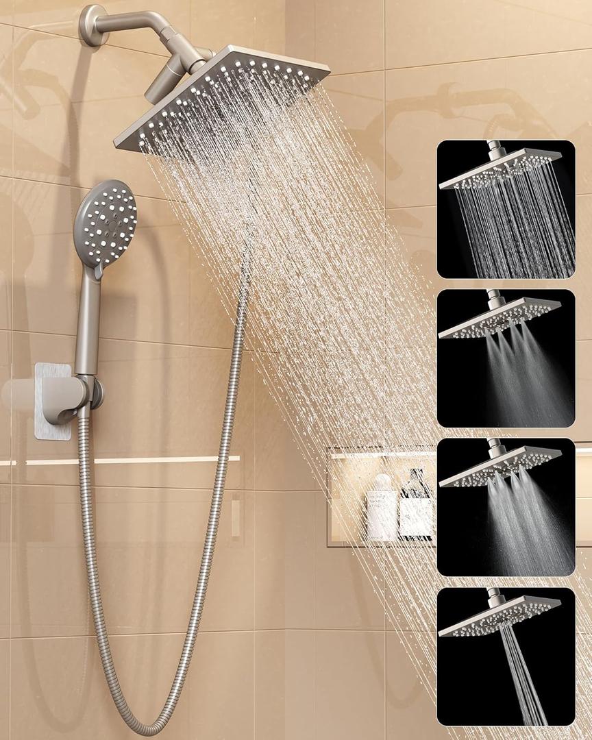 Veken High Pressure Rain Shower Head with Multi-Functions, Square Rainfall Shower Heads with 5-Mode Handheld Spray Combo, Detachable Hand Held Showerhead with Hose, Double Regaderas Para,Starlight