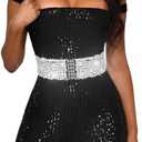 BODIY Women Stretch Wide Waist Belt Sequin Elastic Dress Belts Sparkly Waistband Cinch Belt (Silver)
