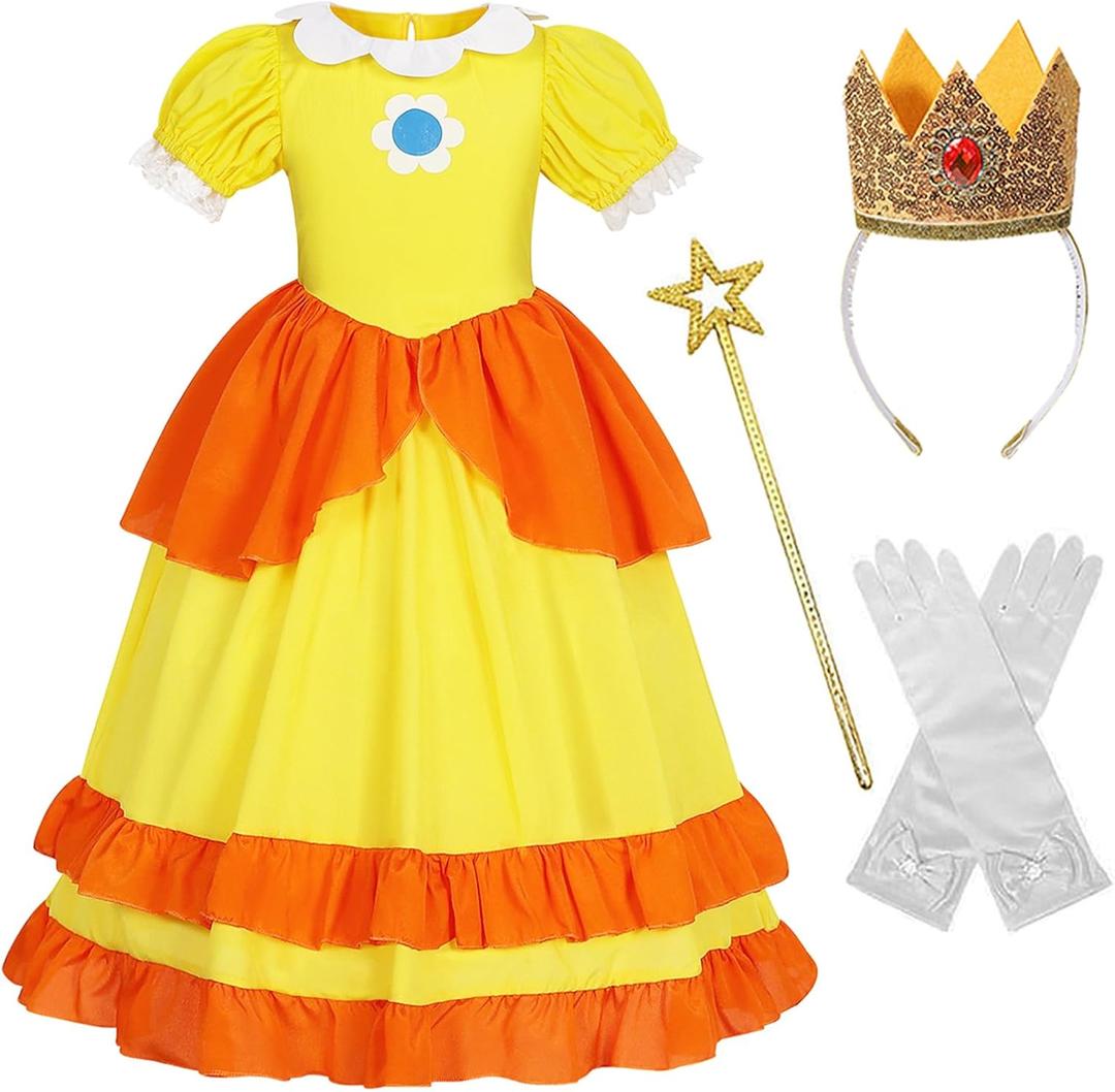IKALI Girls Princess Dress Costume with Crown Accessories for Birthday Party Kids Halloween, 4-6 Years