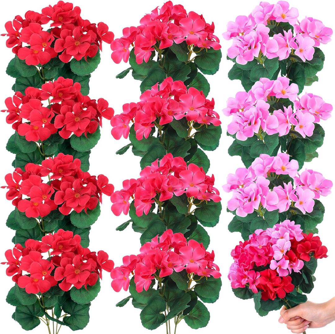12 Pcs 10.2 Inch Artificial Geranium Flowers Silk Geraniums for Outdoors Faux Bushes Outdoor Fake Geraniums for Vase Planter Pot Floral Home Decor Indoor Garden Patio (Mixed)