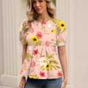 Rapbin Womens Summer Tops Round Neck Blouses Loose Puff Short Sleeve Cute Babydoll Tops Casual Dressy T-Shirts 2026（Pink Floral XL） (XL)