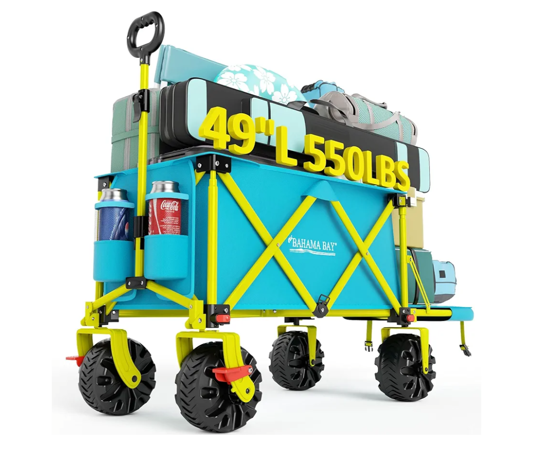 49" L Extra Long Beach Wagon with Tailgate,Big Wheels with Brake for Sand, Collapsible Utility Beach Cart Heavy Duty Folding Wagon,Ideal for Outdoor Sand Camping Garden Pet