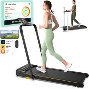 UREVO Strol 2E Smart 2-in-1 Folding Treadmill, Compact Walking Pad with Safety Handle, Plug and Play, Standing Desk Treadmill with Dual LED Display, Smart APP, Walking or Running for Home Office (Yellow)