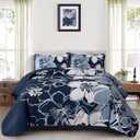 Luxudecor Floral Quilt Set Queen Size 3 Pieces Navy Blue Flower Bedspread with Pillow Shams Lightweight Soft Microfiber Bed Cover for All Seasons 96"x90"