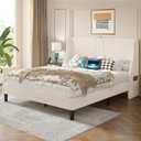 VECELO Queen Bed Frame with Upholstered Wingback Headboard, Heavy-Duty Platform Bedframe with Charging Station, Wooden Slats, No Box Spring Needed, Beige