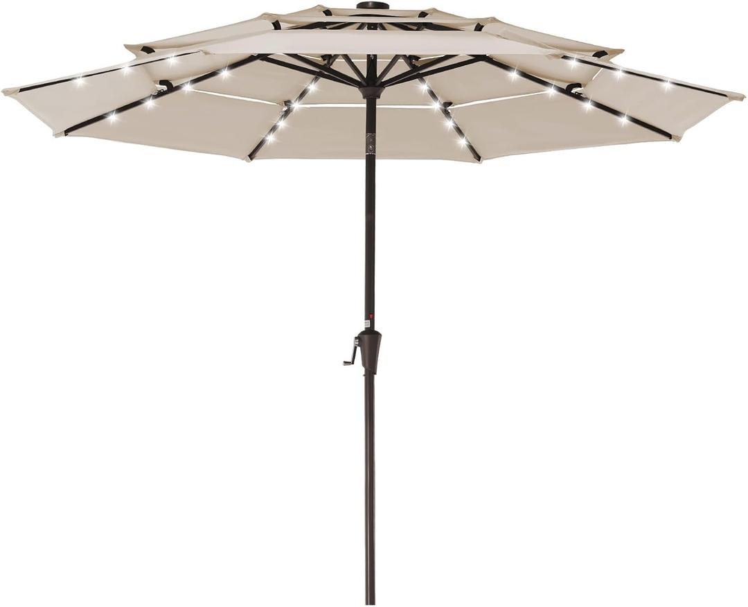JEAREY 3 Tiers Patio Umbrella with Solar Lights 9ft Outdoor Market Table Umbrellas with Push Button Tilt for Outside Pool Garden, Tan