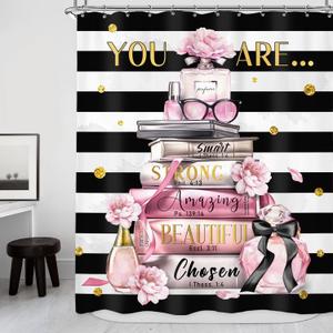 Riyidecor Pink Shower CurtainFashion Cute Curtains for WomenInspirational You are Black White StripeModern Books Girls Flower Bathroom Decor Fabric Polyester Waterproof 12 Pack Hooks 60Wx72H Inch