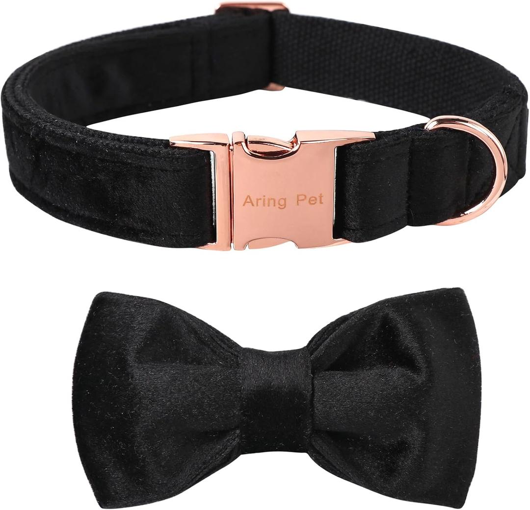ARING PET Bowtie Dog Collar,Velvet Dog Collars with Removable Bowtie, Adjustable Bowtie Collar for Girl and Boy Dogs. (Large (Pack of 1), Black)