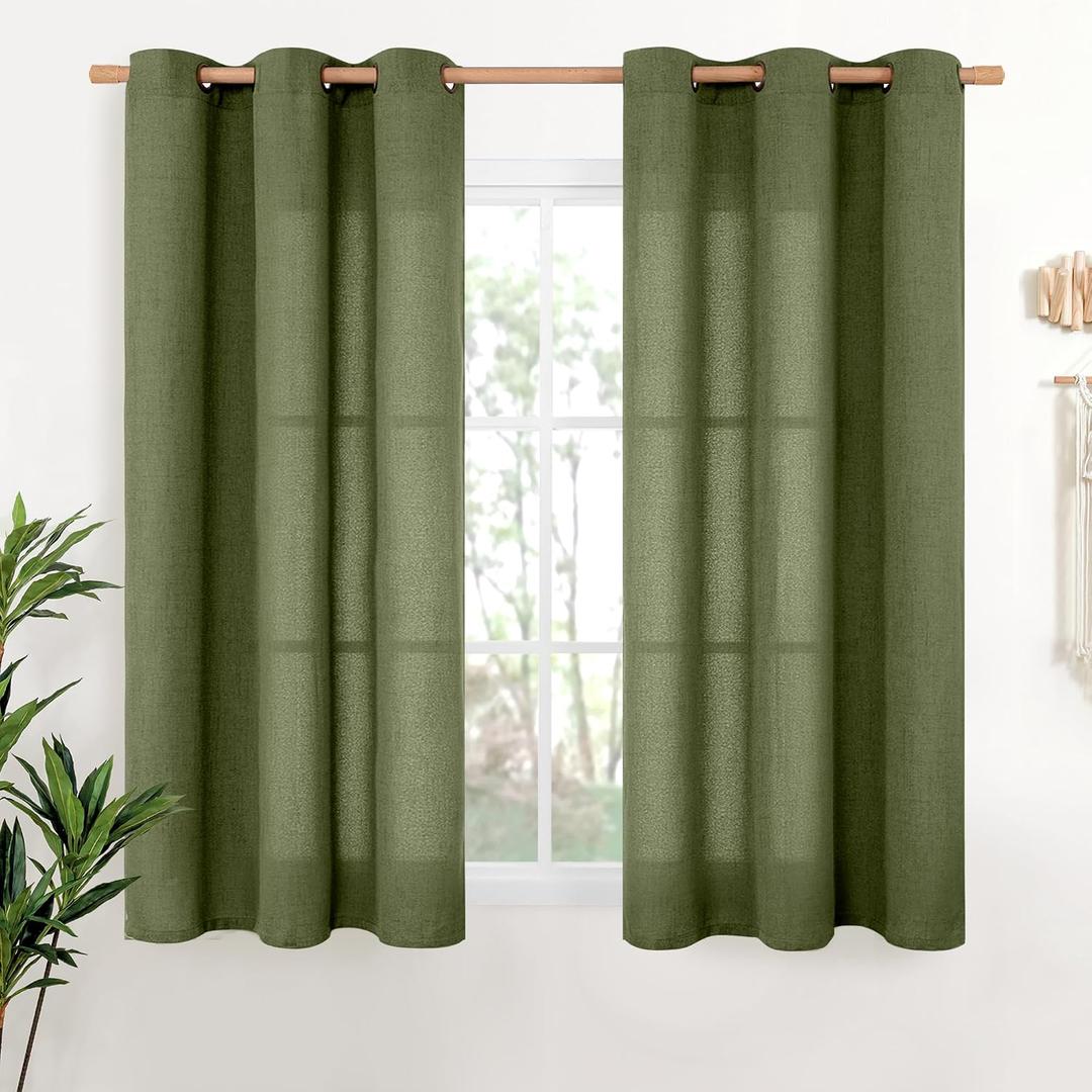 YoungsTex Olive Linen Curtains 45 Inch Length 2 Panels, Dark Green Short Drapes Semi Sheer with Bronze Grommet Light Filtering for Living Room Windows, 42 X 45 Inch