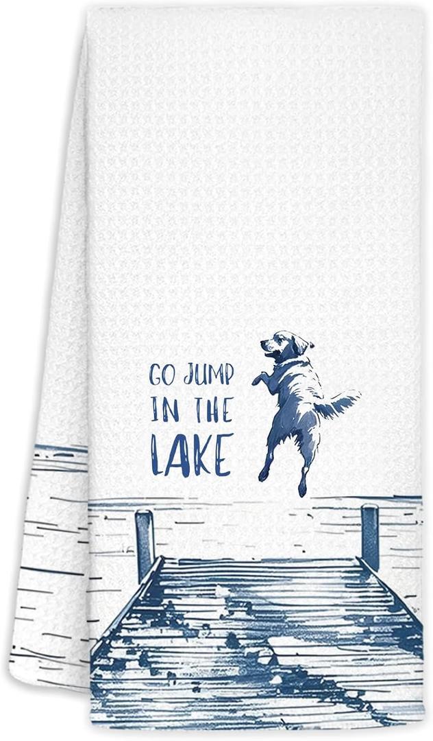 Golden Retriever Lake House Decor Dish Towels,Lake House Gifts,Funny Lake Dog Kitchen Towels Decorative,Dog Lover Mom Gifts Hand Towels Drying Cloth for Kitchen Bathroom Decor,16x24 Inch