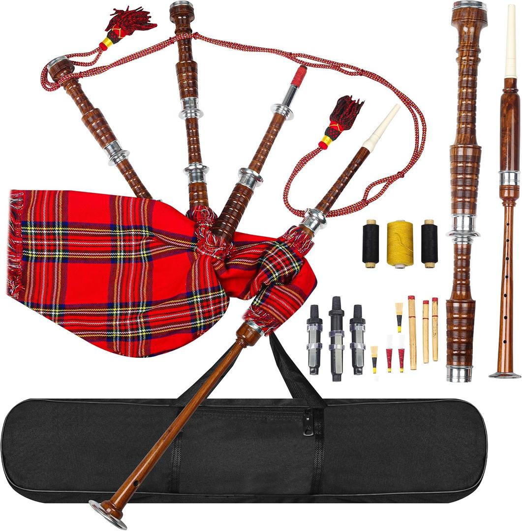 Great Scottish Highland Bagpipes Full Silver Mount Natural & Black Finish With Bag (Royal Stewart Natural Finish) (Royal Stewart Natural Finish)