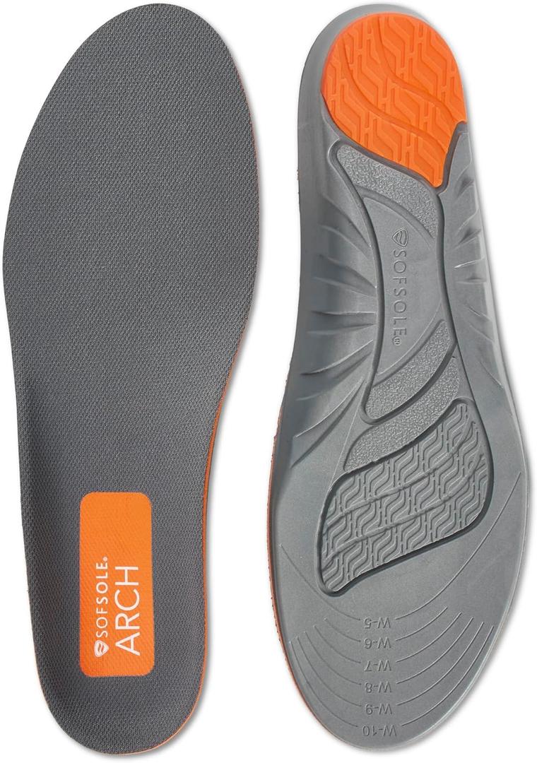 Sof Sole Arch TTF Insoles - Contoured Arch Support for Plantar Fasciitis, Heel Pain Relief, Foot Fatigue, and Blister Prevention - Gel Cushioning, Trim-to-Fit, Walking, Active Lifestyles, Women's 5-11 (Gray)