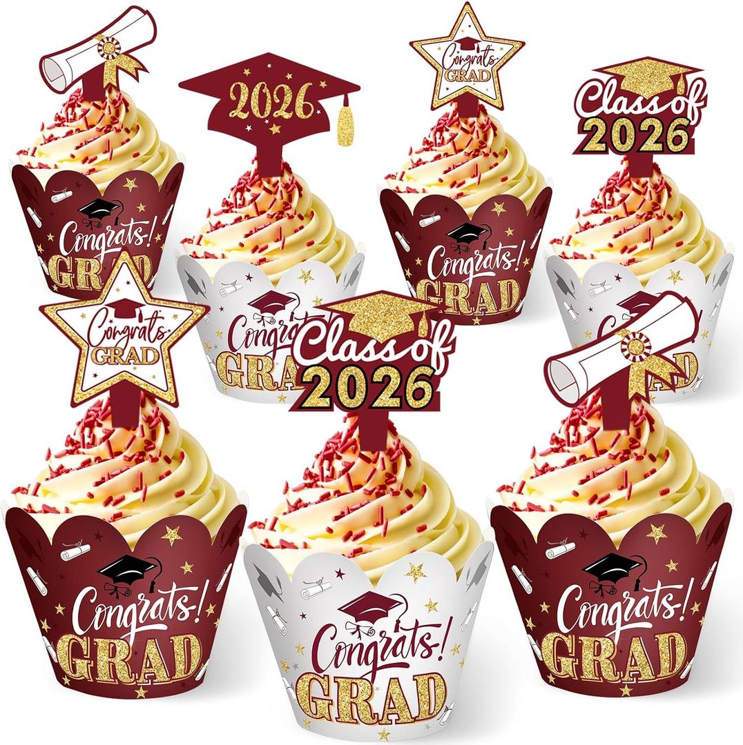 Sinmoe 96 Pieces 2026 Graduation Cupcake Toppers Wrappers Congrats Grad Cake Decorations Adjustable Cap Diploma Cake Wrappers Toppers Class of 2026 Grad Graduation Party Supplies(Maroon Gold)