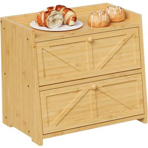 Vintage Double Layer Bread Box for Kitchen Counter Bamboo Bread Storage Container Large Capacity Bread Storage Bin (Natural Bamboo)