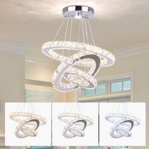 Modern Crystal Chandeliers LED Chandelier Fixtures 3 Rings Round DIY Pendant Lighting Stainless Steel Adjustable Chandelier Ceiling Light for Dining Room Bedroom Living Room (3 Colors)