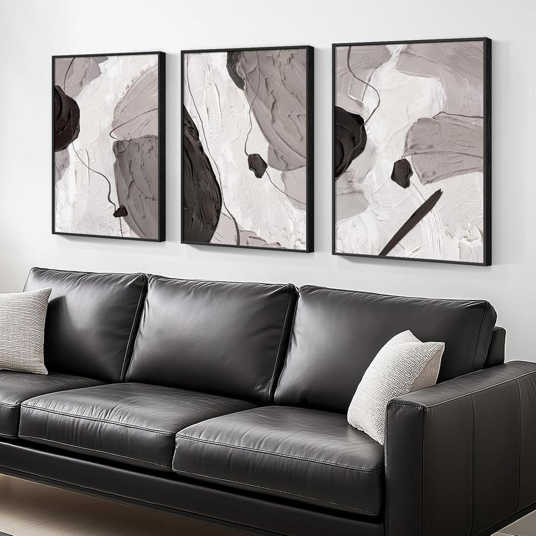 Large Framed Black and White Gray Abstract Canvas Wall Art, Set of 3 Piece Contemporary Paintings Artwork for Walls, Modern Minimalist Prints Pictures for Living Room Hallway Office Wall Decor, Total 30x60 Inch